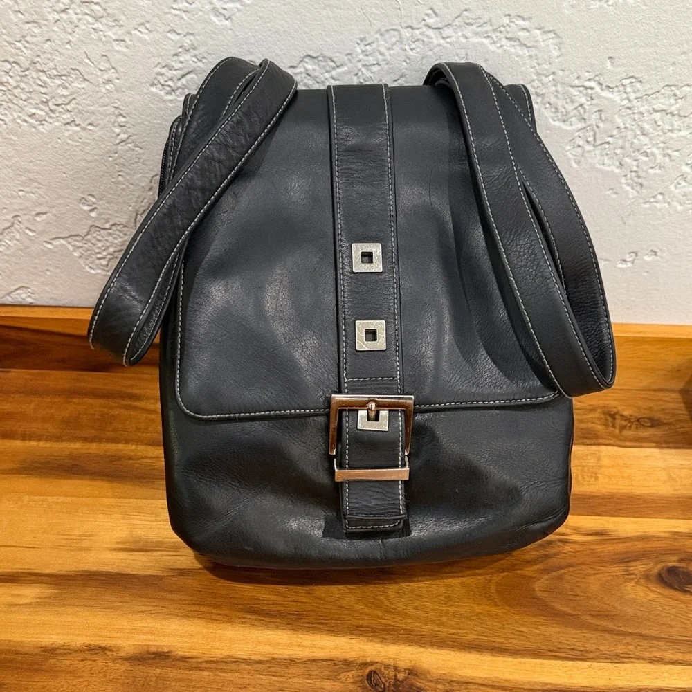 Perlina Black Leather Crossbody Messenger with Silver Accents